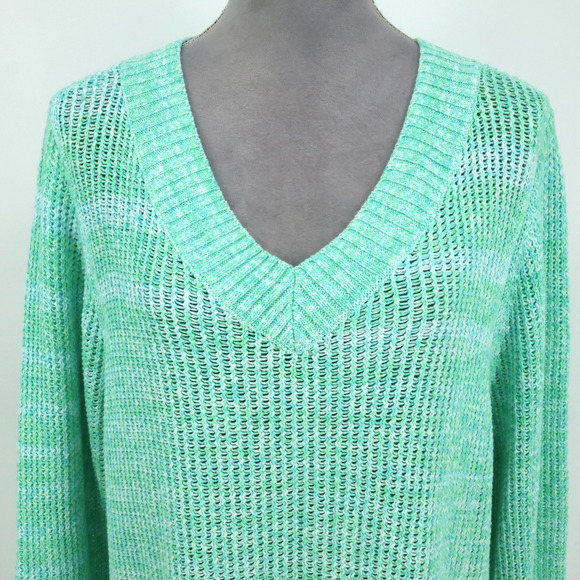 Talbots Sweater Plus Size 2X Green Cotton Chunky Knit Tunic Pullover V neck - Picture 5 of 11